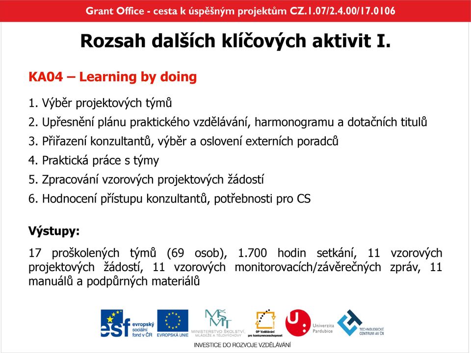 Přiřazení konzultantů, výběr a oslovení externích poradců 4. Praktická práce s týmy 5. Zpracování vzorových projektových žádostí 6.