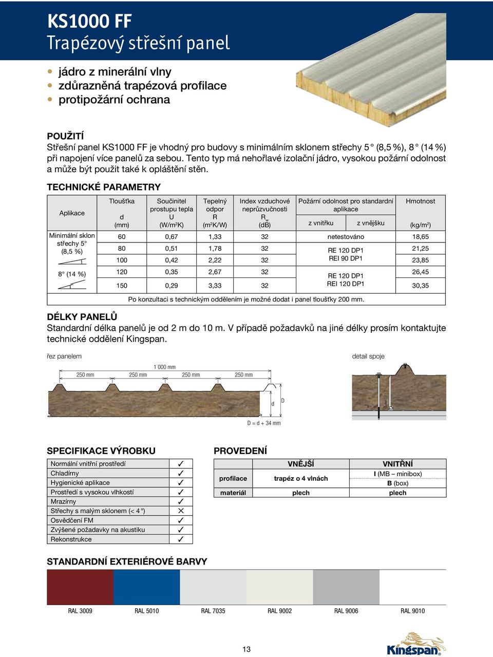 technické parametry Aplikace Minimální sklon střechy 5 (8,5 %) 8 (4 %) Tloušťka d (mm) Součinitel prostupu tepla U (W/m 2 K) Tepelný odpor R (m 2 K/W) Index vzduchové neprůzvučnosti R w (db) Požární