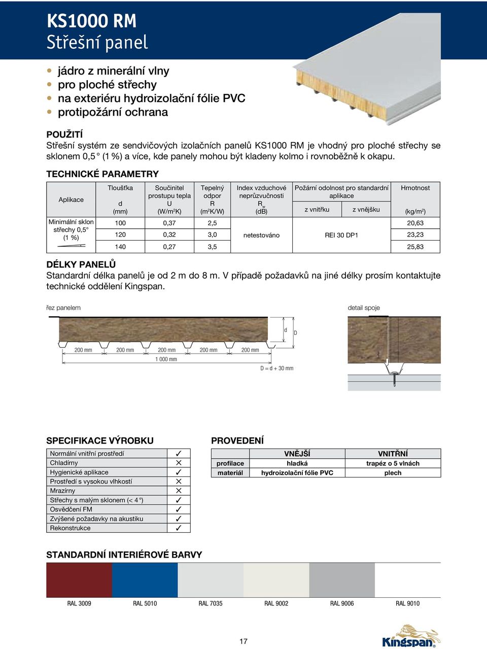 technické parametry Aplikace Minimální sklon střechy 0,5 ( %) Tloušťka d (mm) Součinitel prostupu tepla U (W/m 2 K) Tepelný odpor R (m 2 K/W) 00 0,37 2,5 Index vzduchové neprůzvučnosti R w (db)