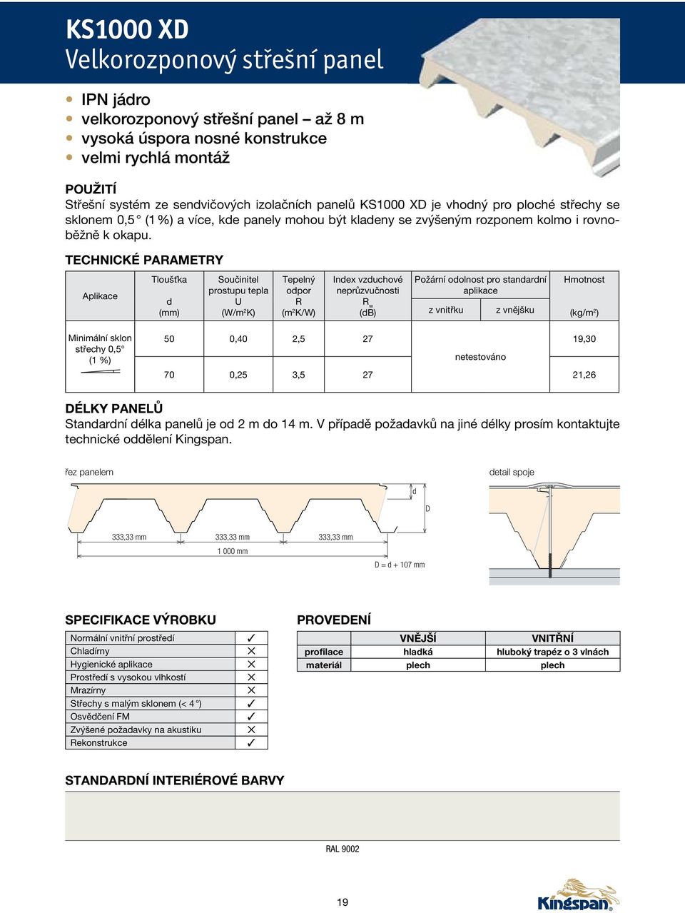 technické parametry Aplikace Tloušťka d (mm) Součinitel prostupu tepla U (W/m 2 K) Tepelný odpor R (m 2 K/W) Index vzduchové neprůzvučnosti R w (db) Požární odolnost pro standardní aplikace z vnitřku