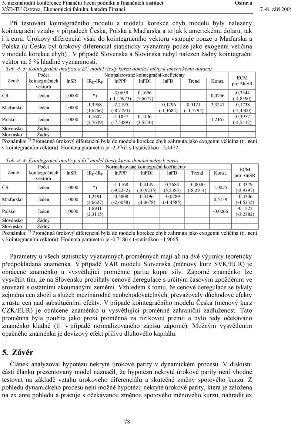 Úrokový difereciál však do koiegračího vekoru vsupuje pouze u Maďarska a Polska (u Česka byl úrokový difereciál saisicky výzamý pouze jako exogeí veličia v modelu korekce chyb).