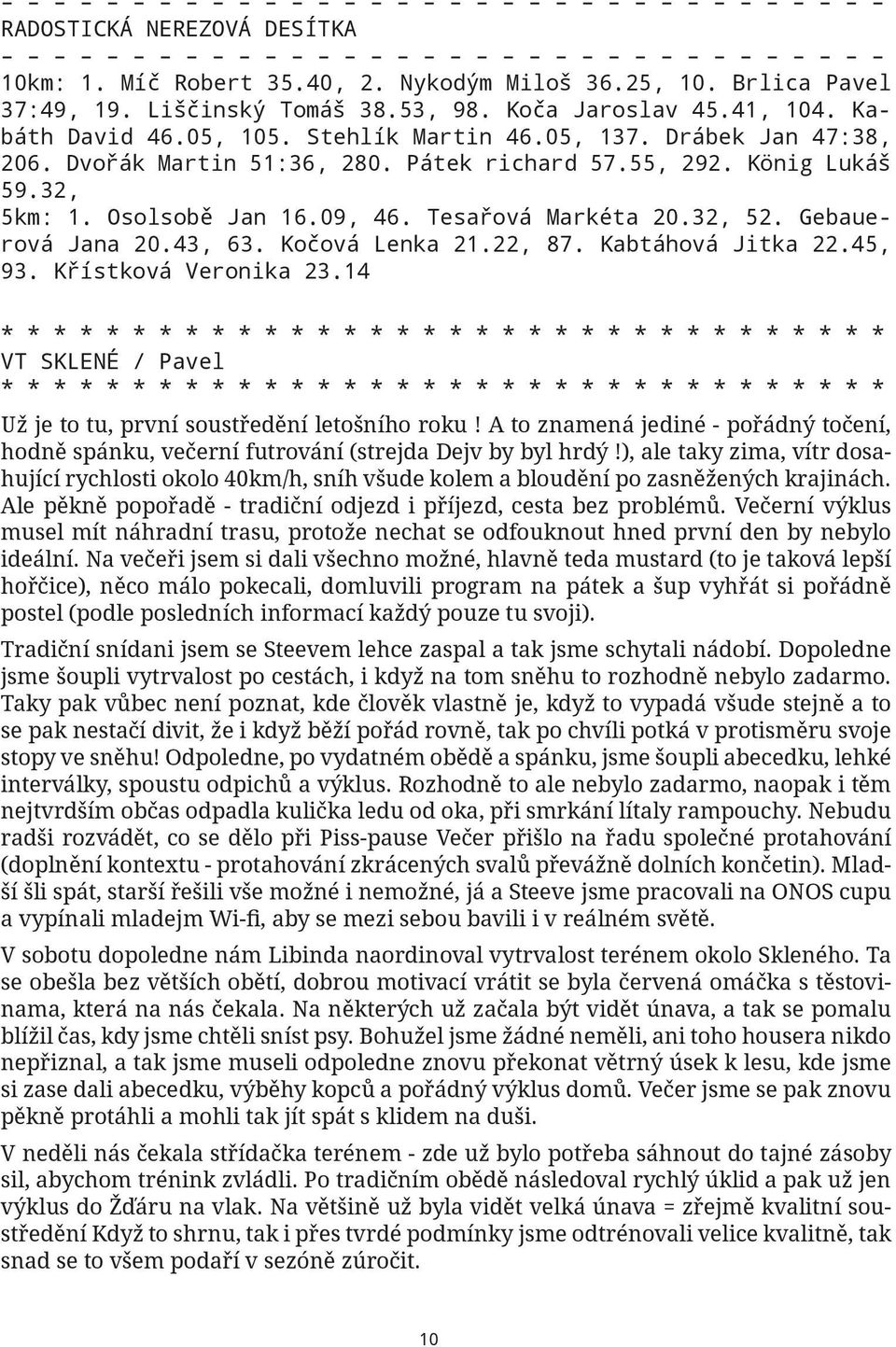 43, 63. Kočová Lenka 21.22, 87. Kabtáhová Jitka 22.45, 93. Křístková Veronika 23.14 VT Sklené / Pavel Už je to tu, první soustředění letošního roku!