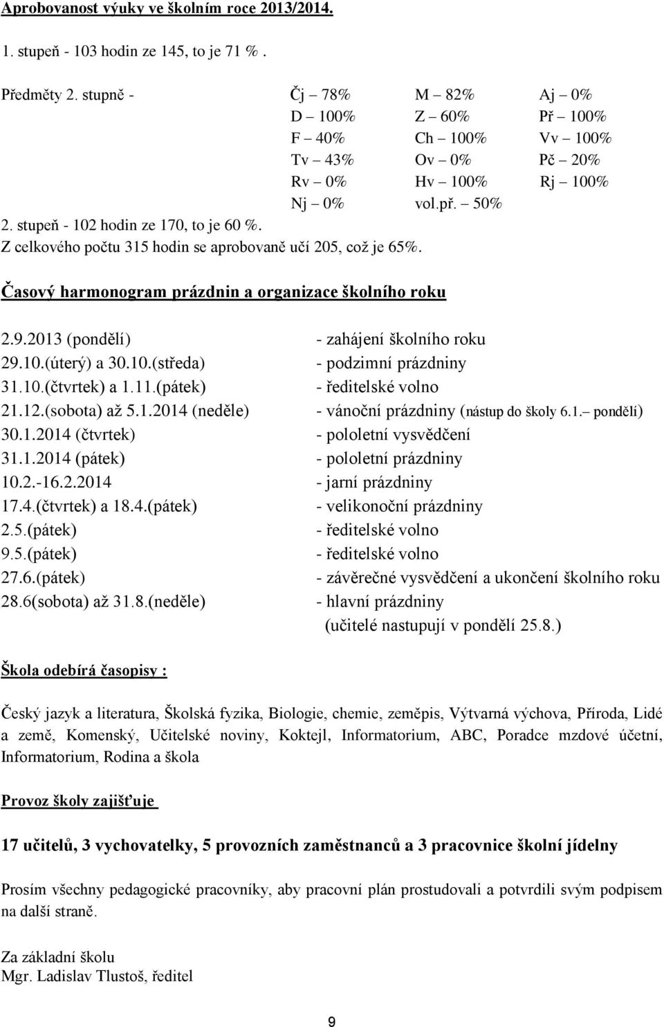 Z celkového počtu 315 hodin se aprobovaně učí 205, což je 65%. Časový harmonogram prázdnin a organizace školního roku 2.9.2013 (pondělí) - zahájení školního roku 29.10.
