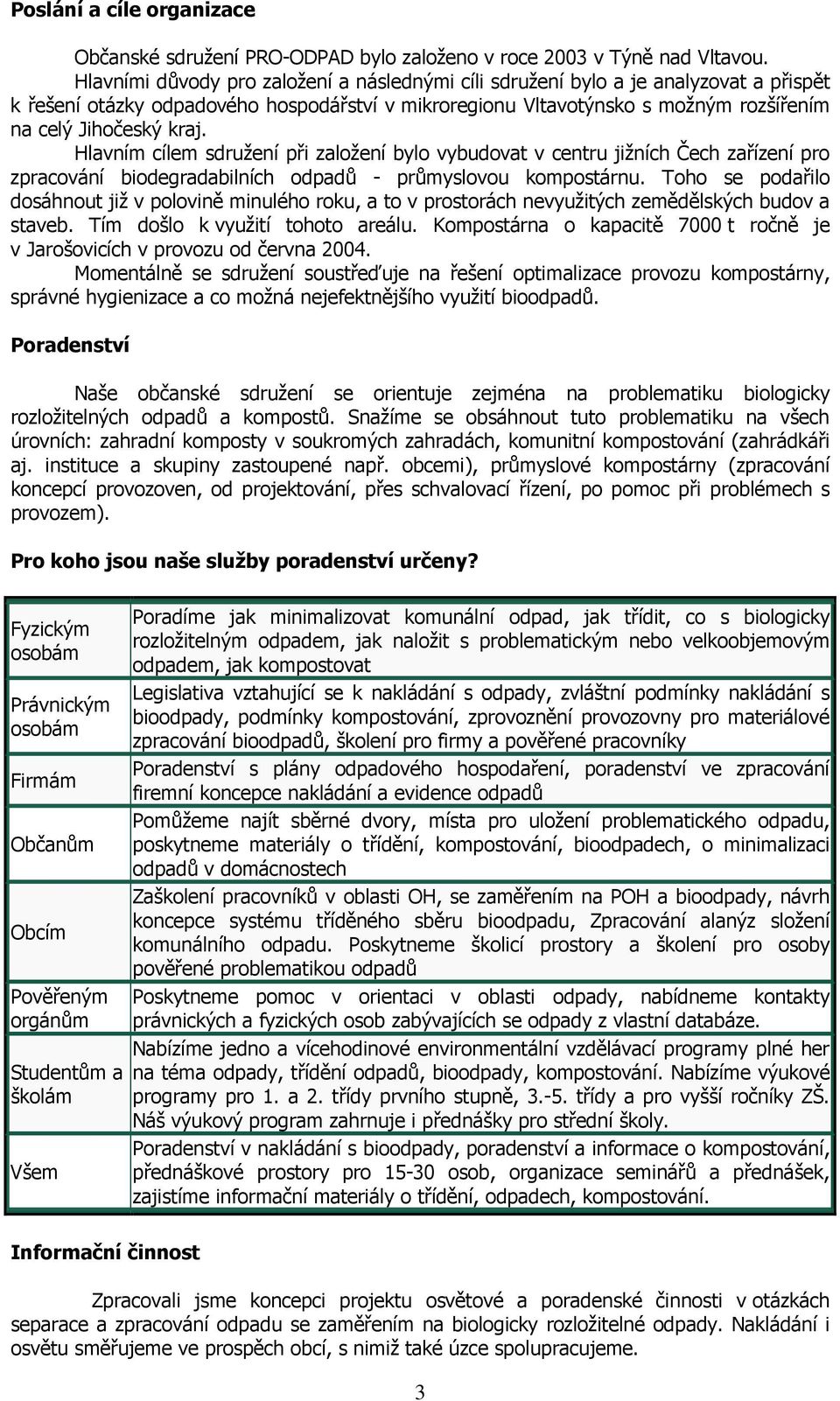 Hlavním cílem sdružení při založení bylo vybudovat v centru jižních Čech zařízení pro zpracování biodegradabilních odpadů - průmyslovou kompostárnu.