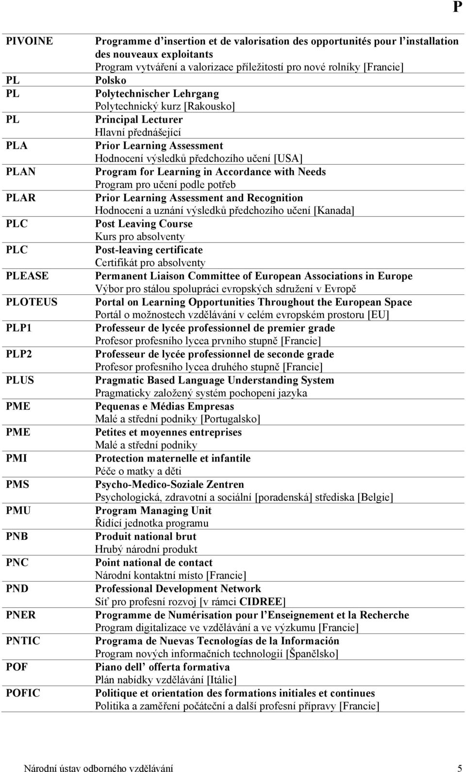 Prior Learning Assessment Hodnocení výsledků předchozího učení [USA] Program for Learning in Accordance with Needs Program pro učení podle potřeb Prior Learning Assessment and Recognition Hodnocení a