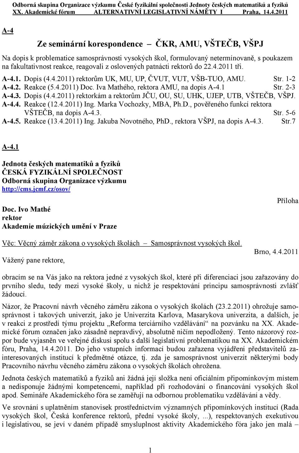 oslovených patnácti rektorů do 22.4.2011 tři. A-4.1. Dopis (4.4.2011) rektorům UK, MU, UP, ČVUT, VUT, VŠB-TUO, AMU. Str. 1-2 A-4.2. Reakce (5.4.2011) Doc. Iva Mathého, rektora AMU, na dopis A-4.1 Str.