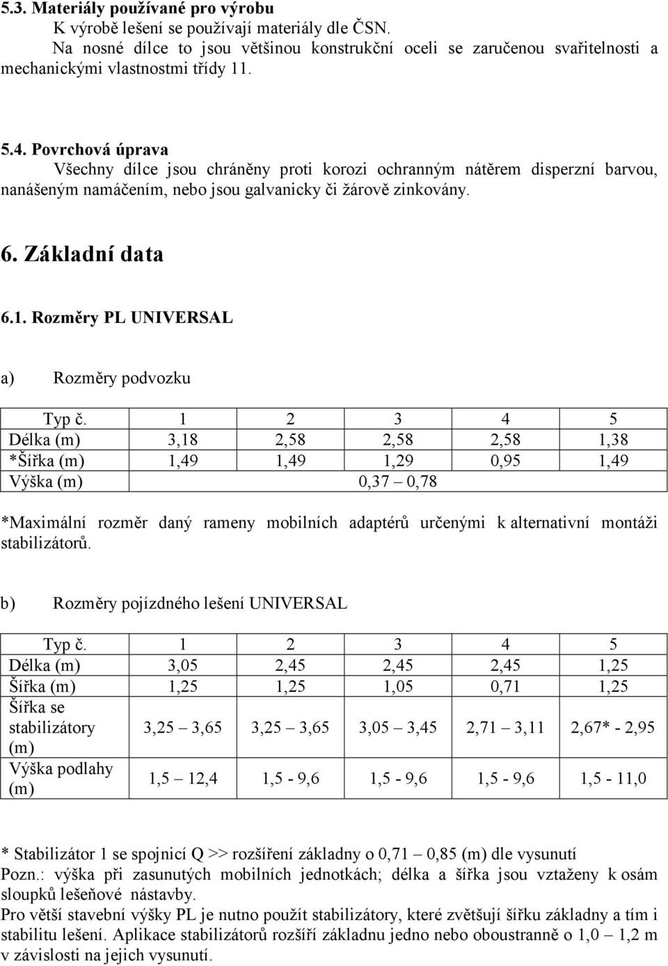 Rozměry PL UNIVERSAL a) Rozměry podvozku Typ č.