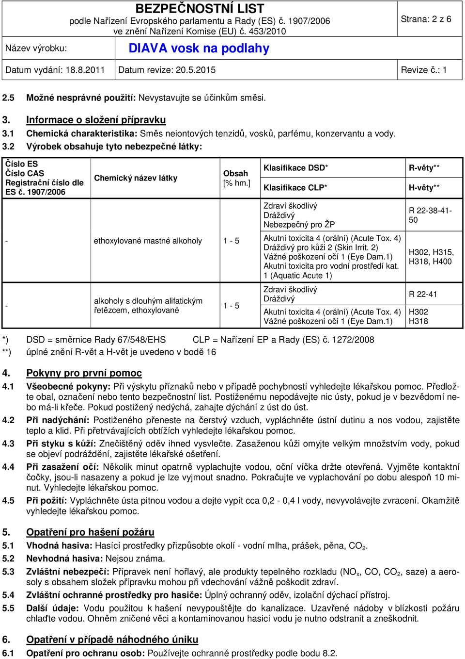 ] Klasifikace DSD* Klasifikace CLP* R-věty** H-věty** Zdraví škodlivý Dráždivý Nebezpečný pro ŽP R 22-38-41-50 - ethoxylované mastné alkoholy 1-5 - alkoholy s dlouhým alifatickým řetězcem,