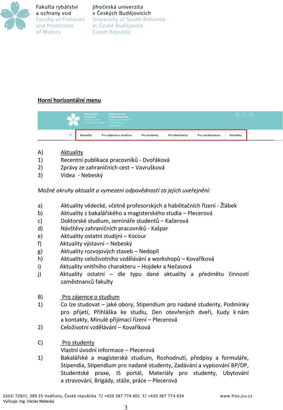 Návštěvy zahraničních pracovníků - Kašpar e) Aktuality ostatní studijní Kocour f) Aktuality výstavní Nebeský g) Aktuality rozvojových staveb Nedopil h) Aktuality celoživotního vzdělávání a workshopů