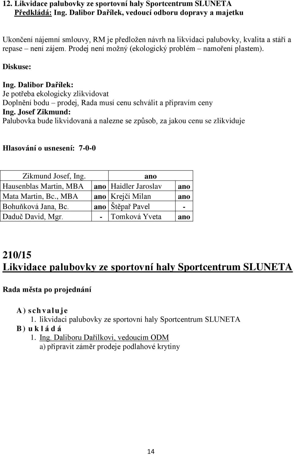 Prodej není možný (ekologický problém namoření plastem). Diskuse: Ing. Dalibor Dařílek: Je potřeba ekologicky zlikvidovat Doplnění bodu prodej, Rada musí cenu schválit a připravím ceny Ing.