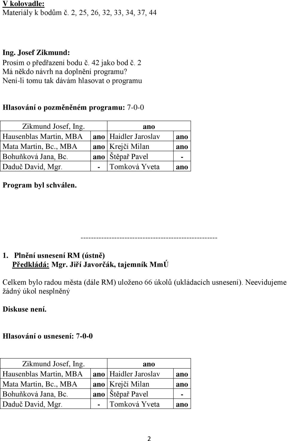 Štěpař Pavel - Program byl schválen. ----------------------------------------------------- 1. Plnění usnesení RM (ústně) Předkládá: Mgr.