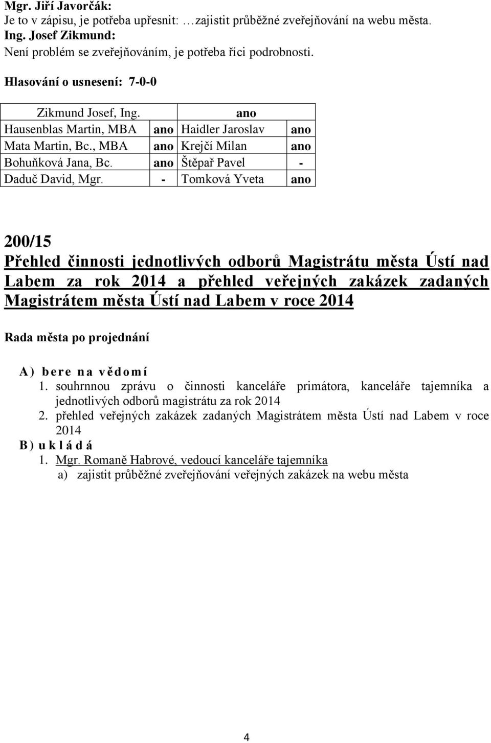 Štěpař Pavel - 200/15 Přehled činnosti jednotlivých odborů Magistrátu města Ústí nad Labem za rok 2014 a přehled veřejných zakázek zadaných Magistrátem města Ústí nad Labem v roce 2014 A) b ere n a