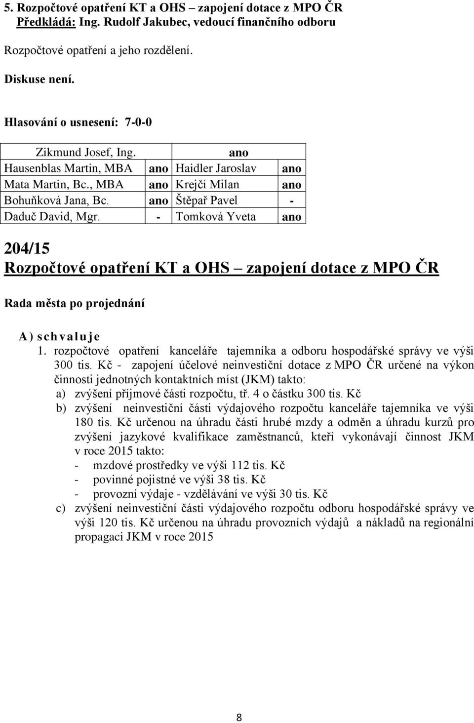 Štěpař Pavel - 204/15 Rozpočtové opatření KT a OHS zapojení dotace z MPO ČR A) s ch valuje 1. rozpočtové opatření kanceláře tajemníka a odboru hospodářské správy ve výši 300 tis.