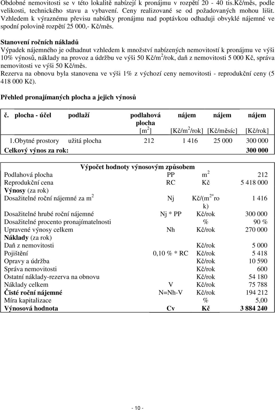 Stanovení ročních nákladů Výpadek nájemného je odhadnut vzhledem k množství nabízených nemovitostí k pronájmu ve výši 10% výnosů, náklady na provoz a údržbu ve výši 50 Kč/m 2 /rok, daň z nemovitosti