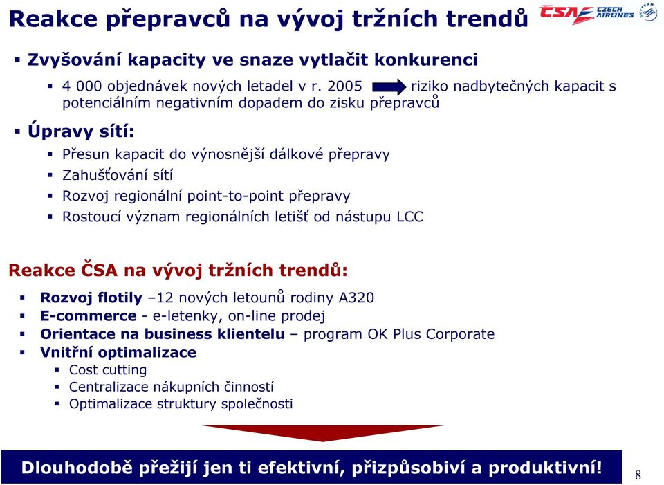 point-to-point přepravy Rostoucí význam regionálních letišť od nástupu LCC Reakce ČSA na vývoj tržních trendů: Rozvoj flotily 12 nových letounů rodiny A320 E-commerce - e-letenky,