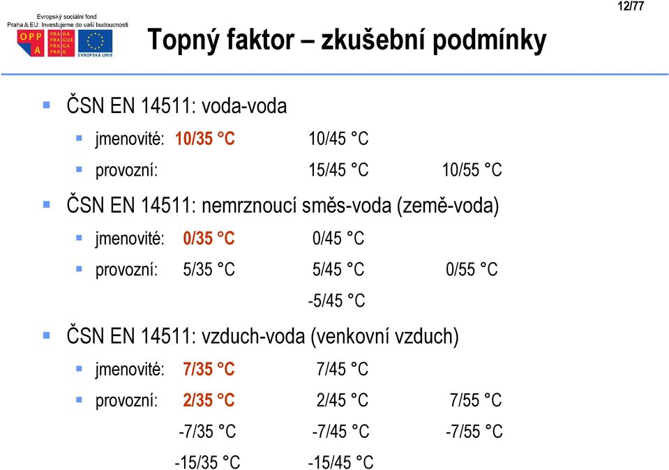 0/45 C provozní: 5/35 C 5/45 C 0/55 C -5/45 C ČSN EN 14511: vzduch-voda (venkovní vzduch)