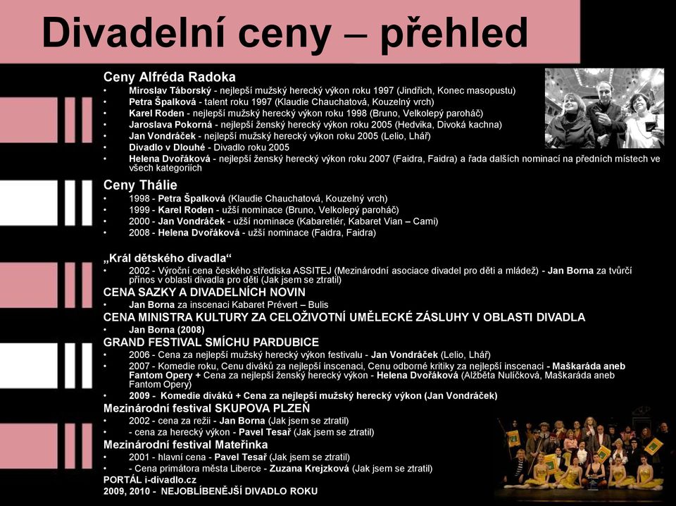 mužský herecký výkon roku 2005 (Lelio, Lhář) Divadlo v Dlouhé - Divadlo roku 2005 Helena Dvořáková - nejlepší ženský herecký výkon roku 2007 (Faidra, Faidra) a řada dalších nominací na předních