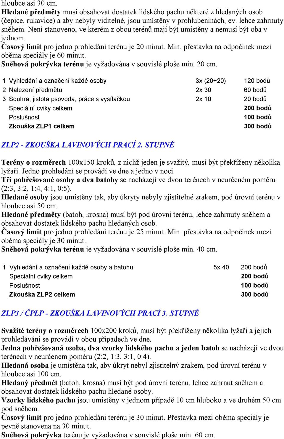 přestávka na odpočinek mezi oběma speciály je 60 minut. Sněhová pokrývka terénu je vyžadována v souvislé ploše min. 20 cm.