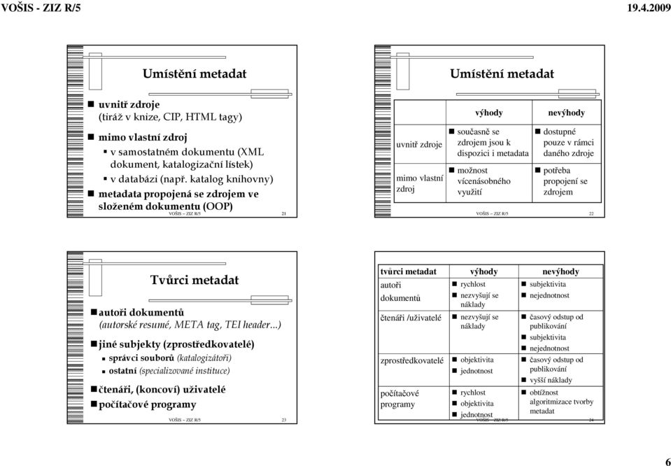 nevýhody dostupné pouze v rámci daného zdroje potřeba propojení se zdrojem 21 22 Tvůrci metadat autoři dokumentů (autorské resumé, META tag, TEI header.