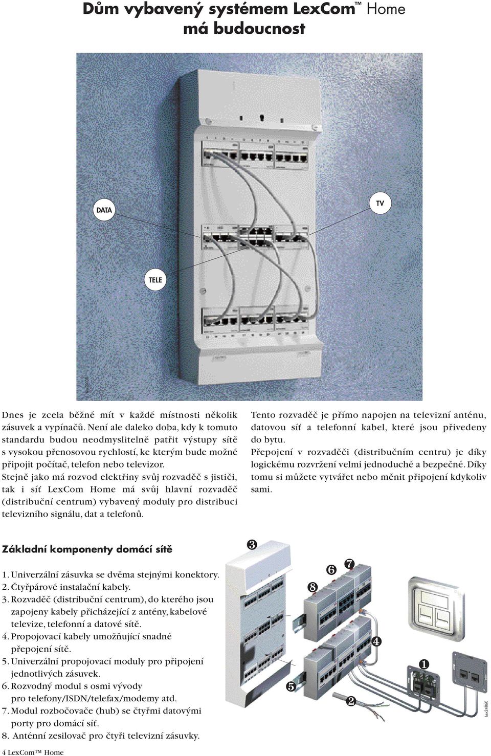 Stejnû jako má rozvod elektfiiny svûj rozvadûã s jistiãi, tak i síè LexCom Home má svûj hlavní rozvadûã (distribuãní centrum) vybaven moduly pro distribuci televizního signálu, dat a telefonû.