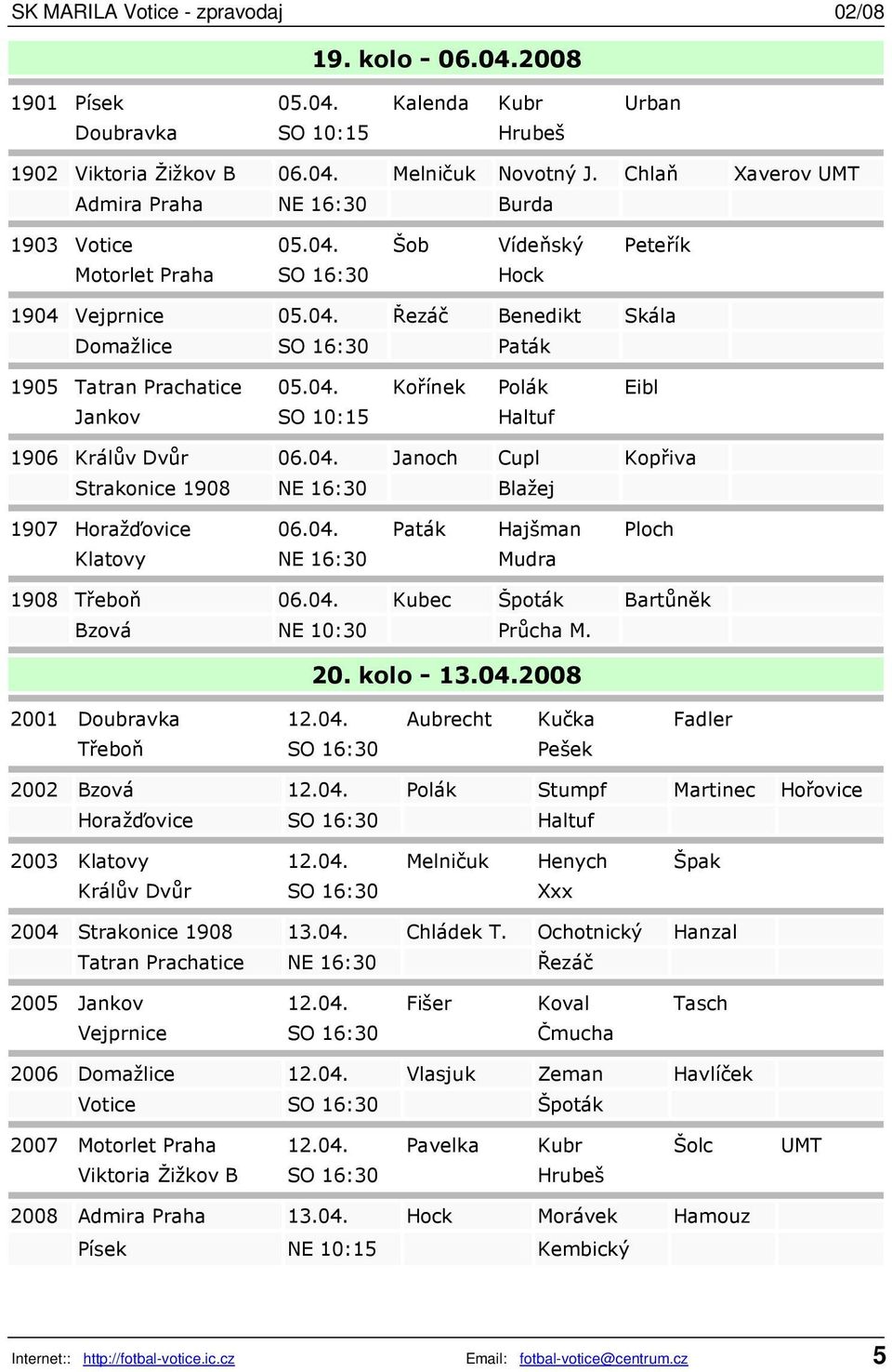 04. Paták Hajšman Ploch Klatovy NE 16:30 Mudra 1908 Třeboň 06.04. Kubec Špoták Bartůněk Bzová NE 10:30 Průcha M. 20. kolo - 13.04.2008 2001 Doubravka 12.04. Aubrecht Kučka Fadler Třeboň SO 16:30 Pešek 2002 Bzová 12.