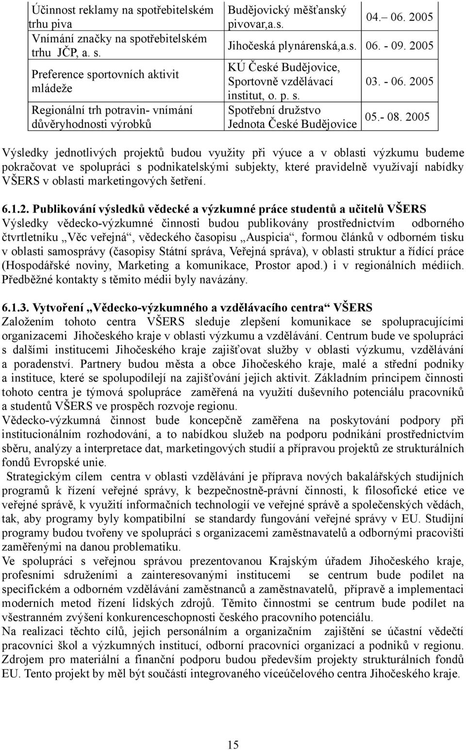 2005 Výsledky jednotlivých projektů budou využity při výuce a v oblasti výzkumu budeme pokračovat ve spolupráci s podnikatelskými subjekty, které pravidelně využívají nabídky VŠERS v oblasti