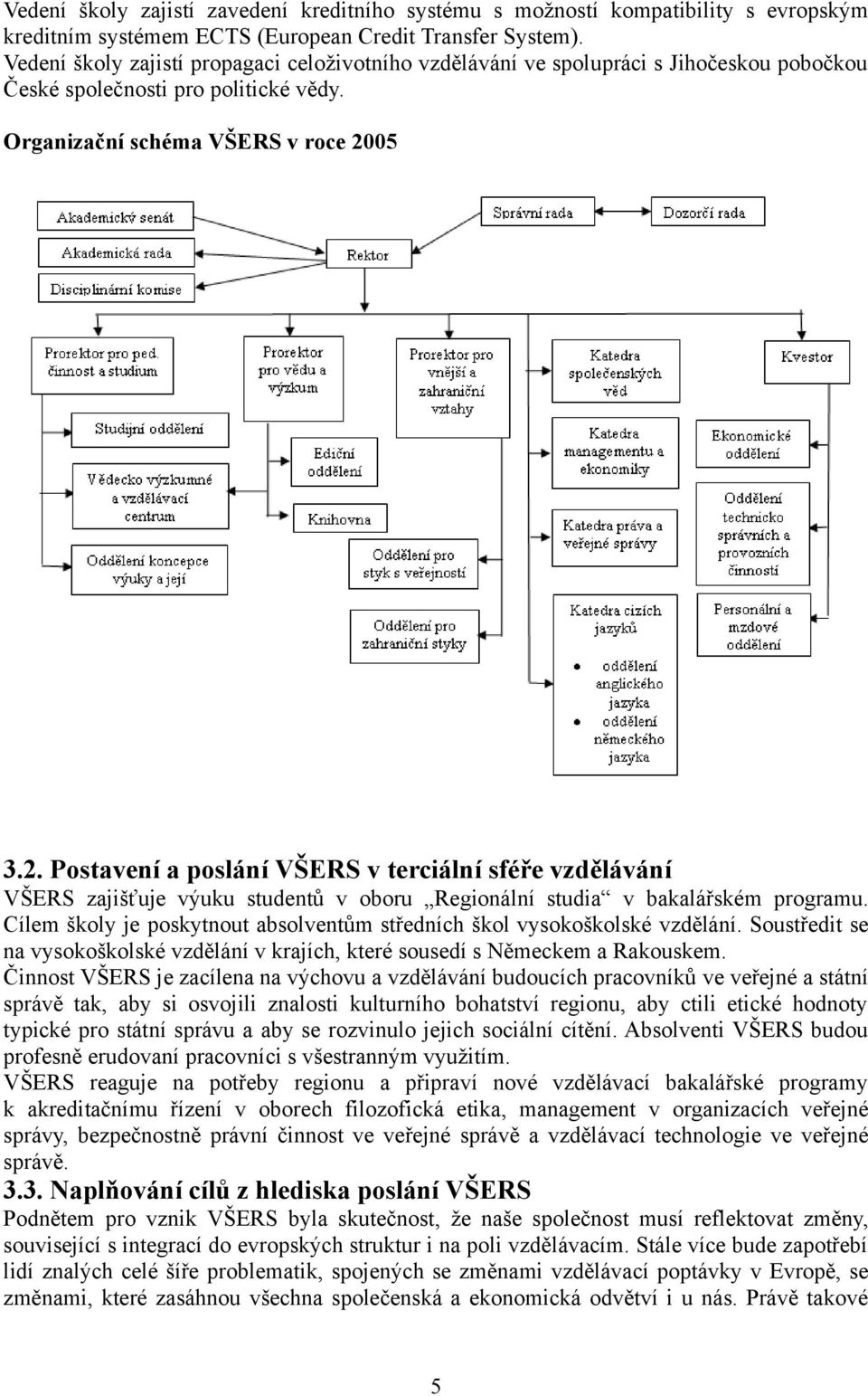 05 3.2. Postavení a poslání VŠERS v terciální sféře vzdělávání VŠERS zajišťuje výuku studentů v oboru Regionální studia v bakalářském programu.