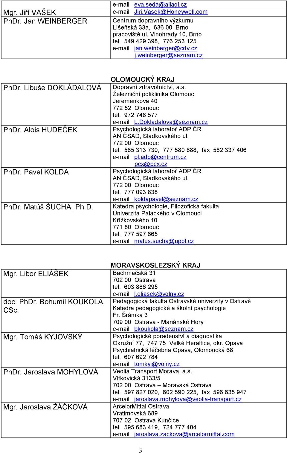 972 748 577 e-mail L.Dokladalova@seznam.cz Psychologická laboratoř ADP ČR AN ČSAD, Sladkovského ul. 772 00 Olomouc tel. 585 313 730, 777 580 888, fax 582 337 406 e-mail pl.adp@centrum.cz pcx@pcx.