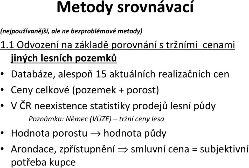 aktuálních realizačních cen Ceny celkové (pozemek + porost) V ČR neexistence statistiky prodejů