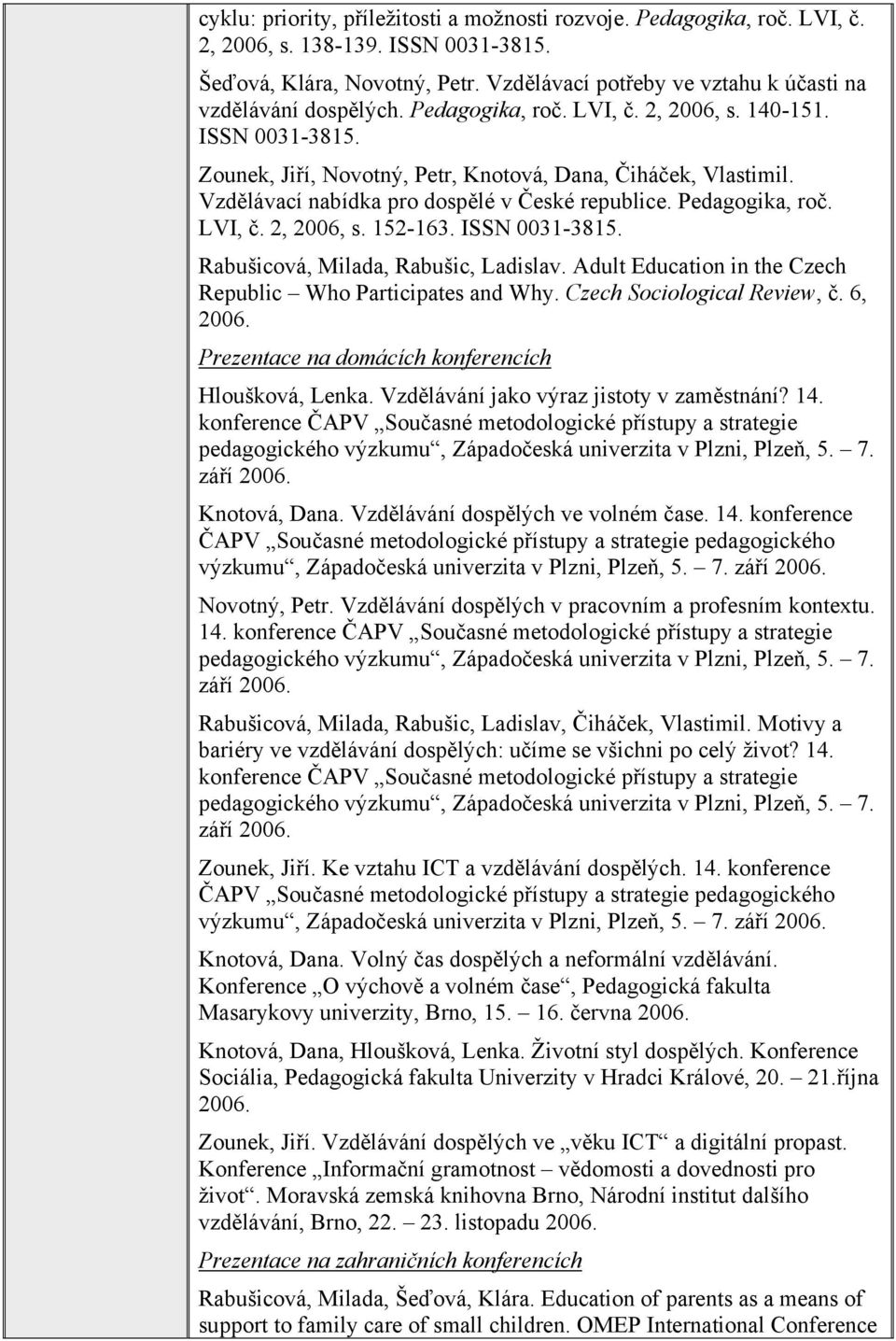 Vzdělávací nabídka pro dospělé v České republice. Pedagogika, roč. LVI, č. 2, 2006, s. 152-163. ISSN 0031-3815. Rabušicová, Milada, Rabušic, Ladislav.