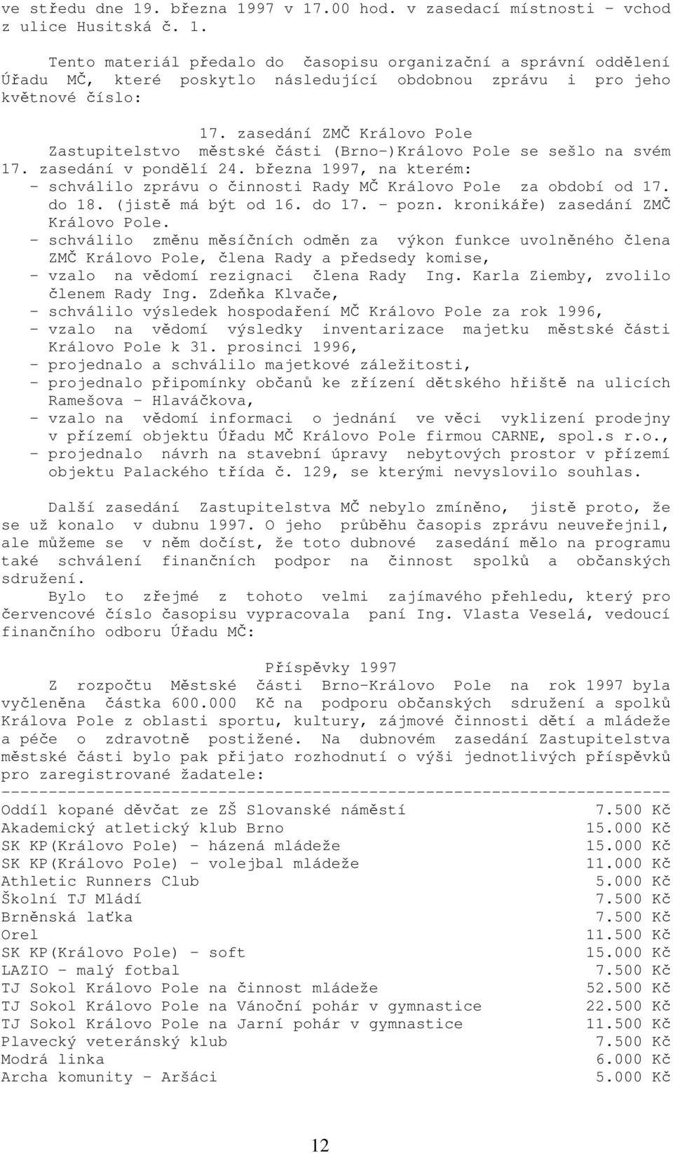 března 1997, na kterém: - schválilo zprávu o činnosti Rady MČ Královo Pole za období od 17. do 18. (jistě má být od 16. do 17. - pozn. kronikáře) zasedání ZMČ Královo Pole.