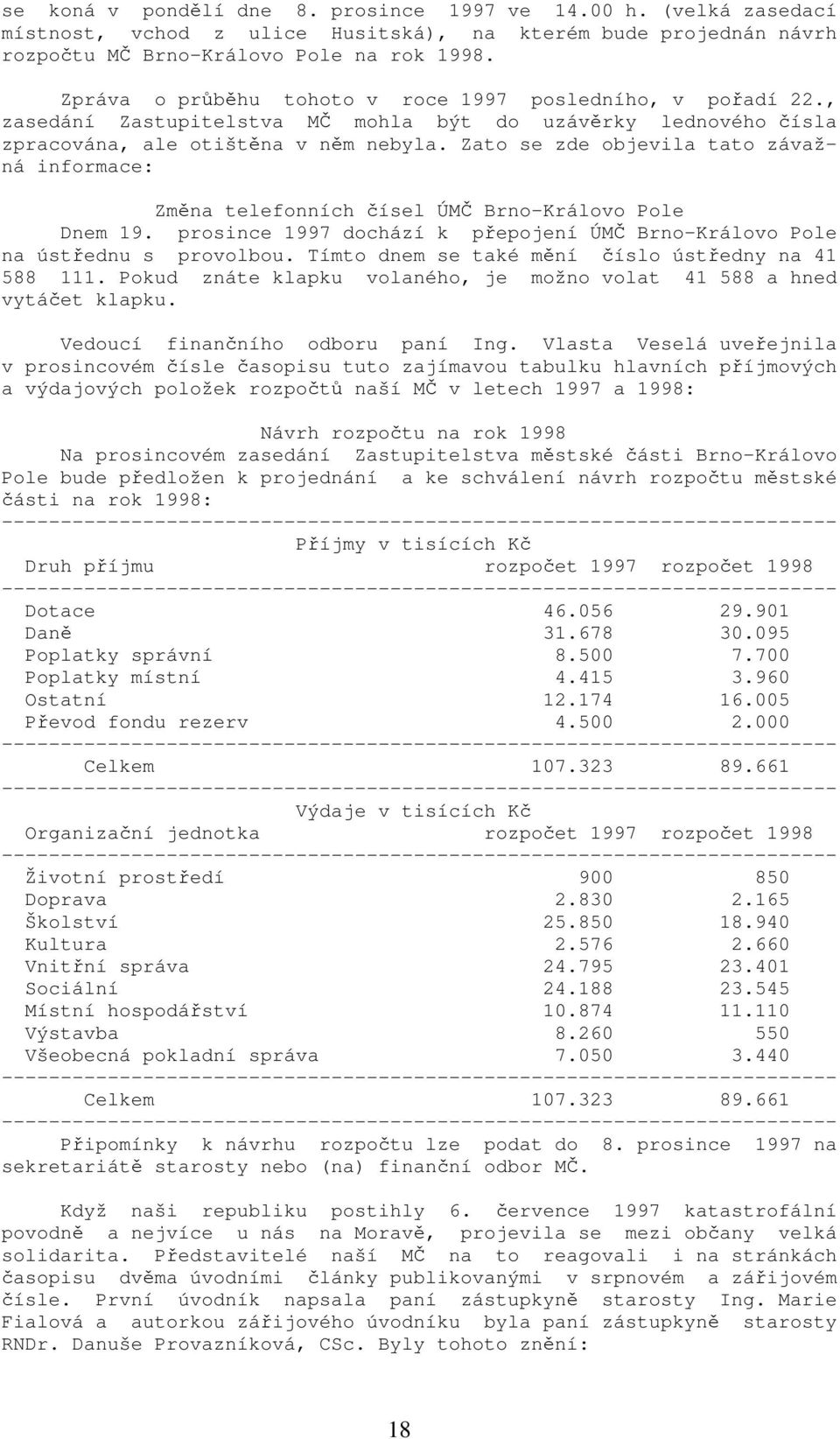 Zato se zde objevila tato závažná informace: Změna telefonních čísel ÚMČ Brno-Královo Pole Dnem 19. prosince 1997 dochází k přepojení ÚMČ Brno-Královo Pole na ústřednu s provolbou.