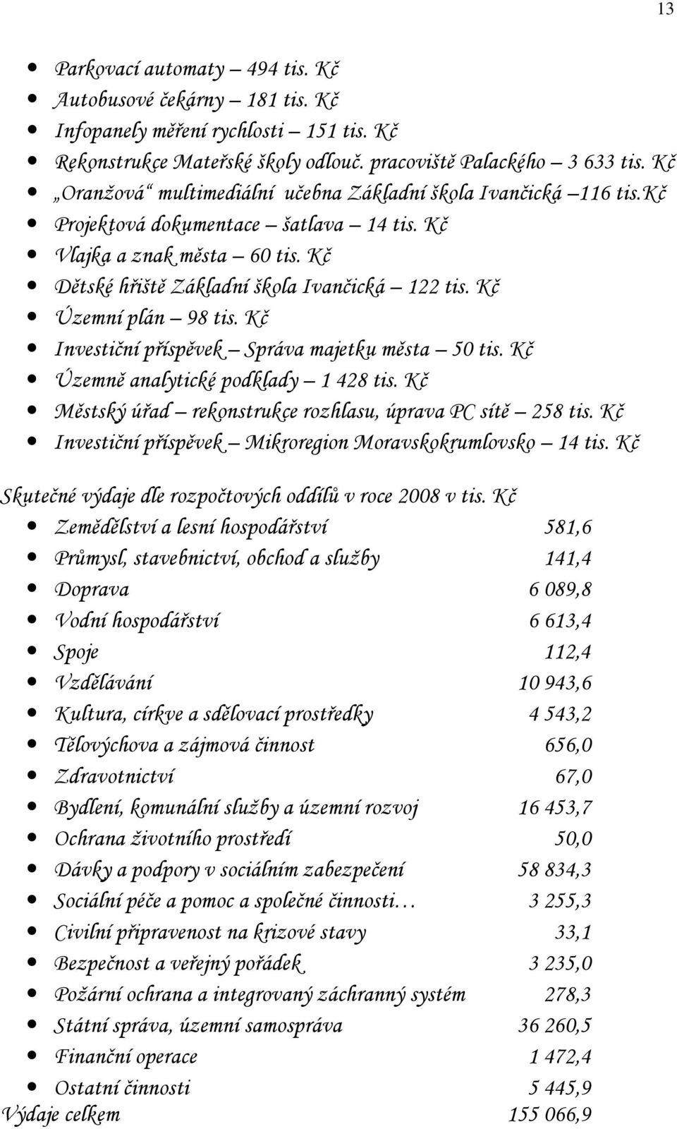 Kč Územní plán 98 tis. Kč Investiční příspěvek Správa majetku města 50 tis. Kč Územně analytické podklady 1 428 tis. Kč Městský úřad rekonstrukce rozhlasu, úprava PC sítě 258 tis.