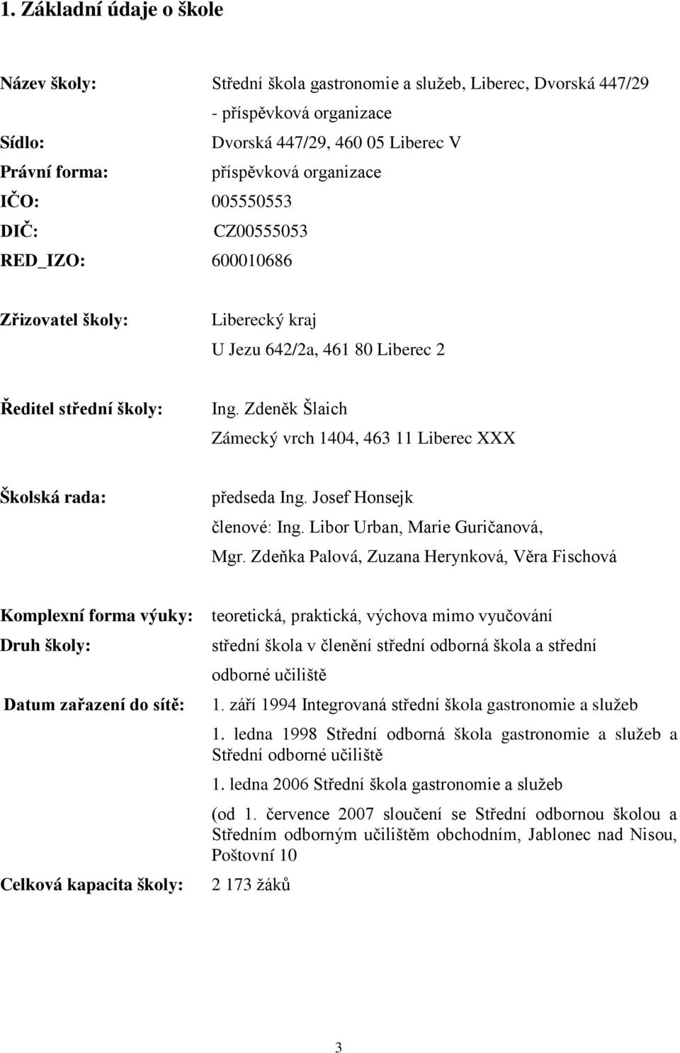 Zdeněk Šlaich Zámecký vrch 1404, 463 11 Liberec XXX Školská rada: předseda Ing. Josef Honsejk členové: Ing. Libor Urban, Marie Guričanová, Mgr.