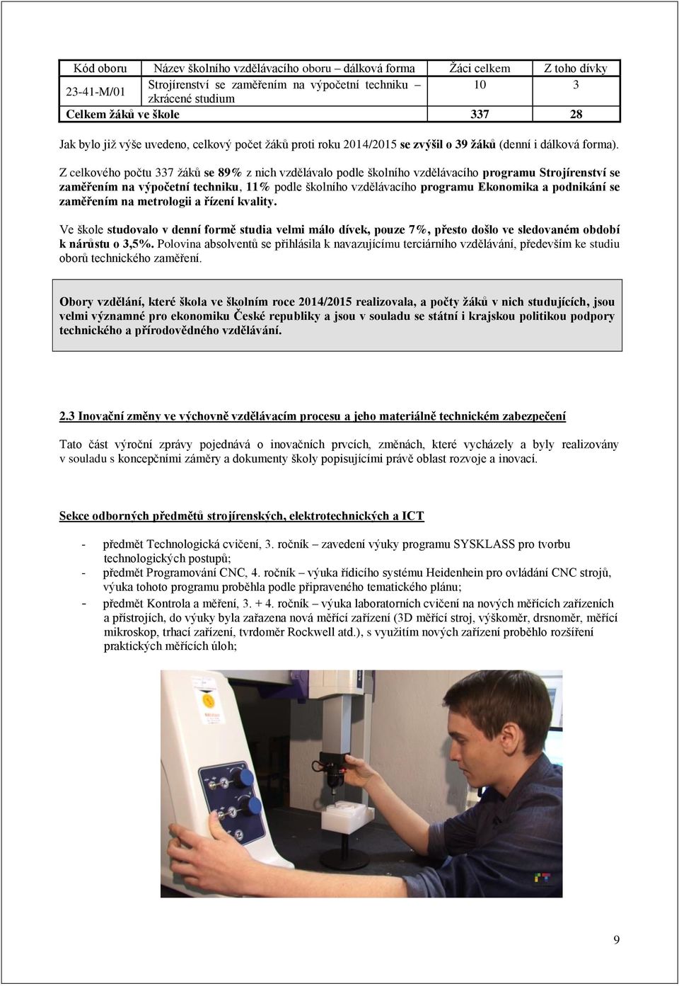 Z celkového počtu 337 žáků se 89% z nich vzdělávalo podle školního vzdělávacího programu Strojírenství se zaměřením na výpočetní techniku, 11% podle školního vzdělávacího programu Ekonomika a
