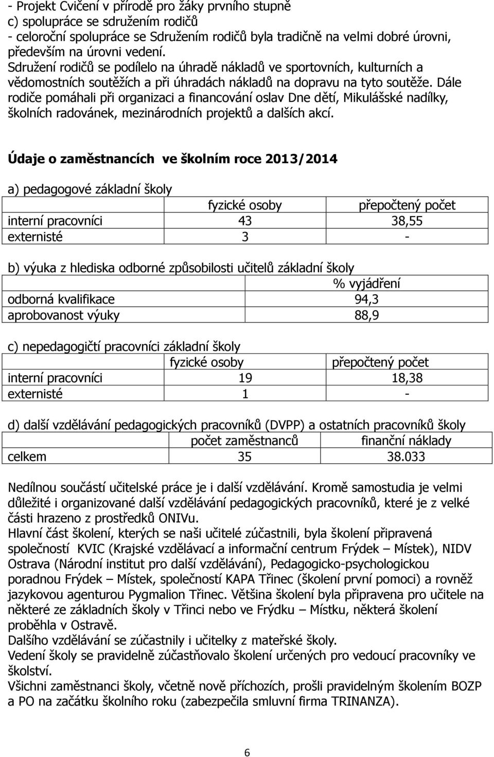 Dále rodiče pomáhali při organizaci a financování oslav Dne dětí, Mikulášské nadílky, školních radovánek, mezinárodních projektů a dalších akcí.