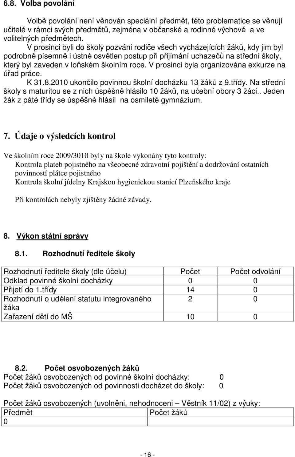 roce. V prosinci byla organizována exkurze na úřad práce. K 31.8.2010 ukončilo povinnou školní docházku 13 žáků z 9.třídy.