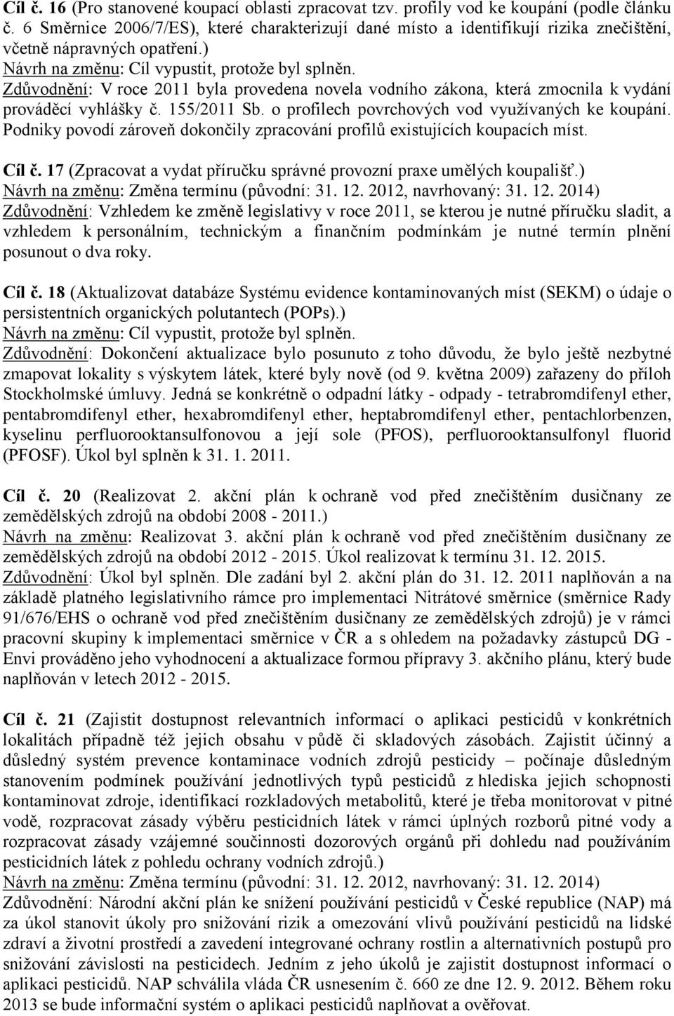 ) Zdůvodnění: V roce 2011 byla provedena novela vodního zákona, která zmocnila k vydání prováděcí vyhlášky č. 155/2011 Sb. o profilech povrchových vod využívaných ke koupání.