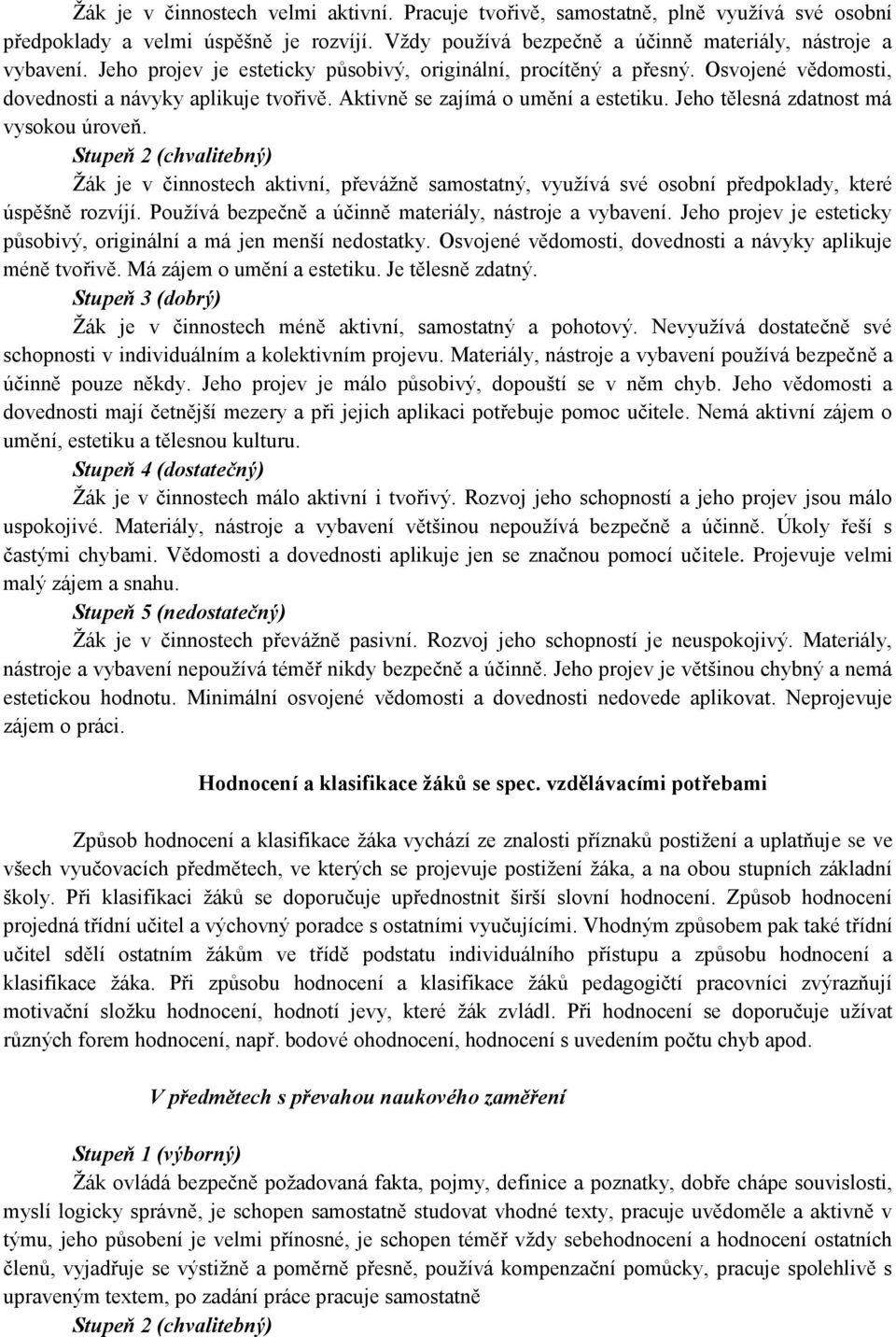 Jeho tělesná zdatnost má vysokou úroveň. Stupeň 2 (chvalitebný) Žák je v činnostech aktivní, převážně samostatný, využívá své osobní předpoklady, které úspěšně rozvíjí.