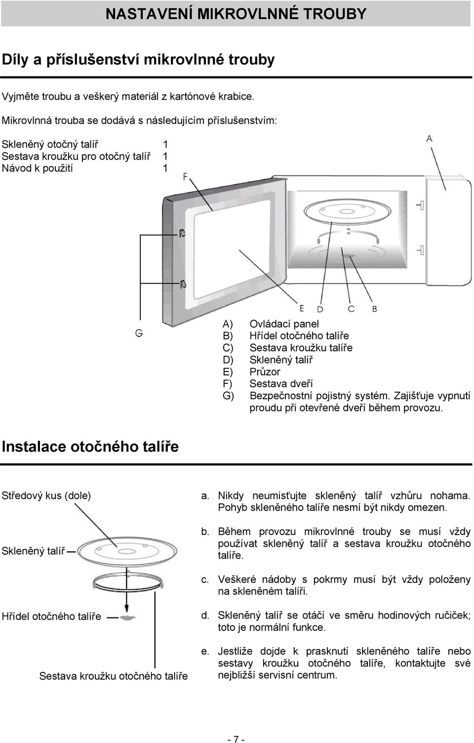 talíře D) Skleněný talíř E) Průzor F) Sestava dveří G) Bezpečnostní pojistný systém. Zajišťuje vypnutí proudu při otevřené dveří během provozu.