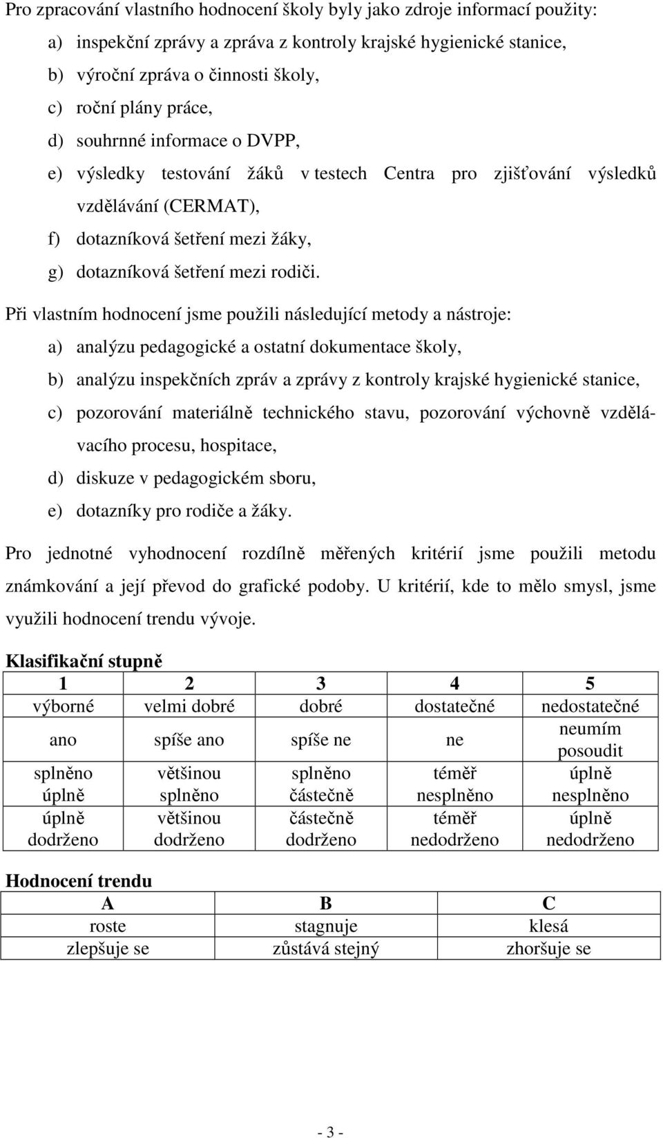 Při vlastním hodnocení jsme použili následující metody a nástroje: a) analýzu pedagogické a ostatní dokumentace školy, b) analýzu inspekčních zpráv a zprávy z kontroly krajské hygienické stanice, c)