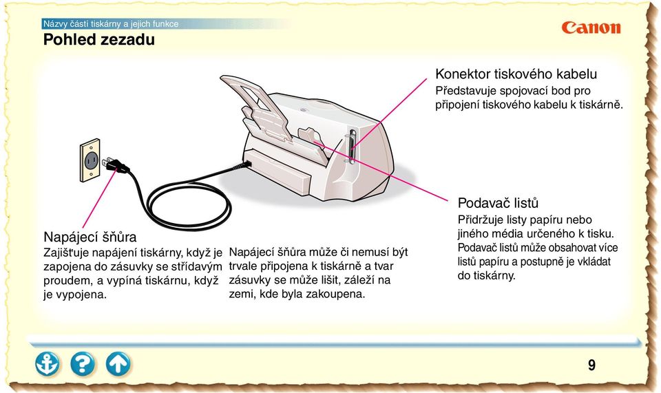 Napájecí šňůra může či nemusí být trvale připojena k tiskárně a tvar zásuvky se může lišit, záleží na zemi, kde byla zakoupena.