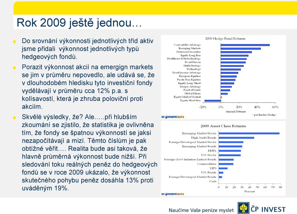 Skvělé výsledky, ţe? Ale..při hlubším zkoumání se zjistilo, ţe statistika je ovlivněna tím, ţe fondy se špatnou výkonností se jaksi nezapočítávají a mizí. Těmto číslům je pak obtíţné věřit.