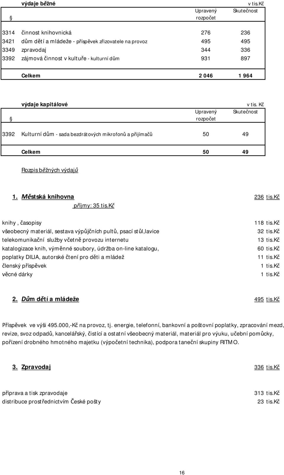 964 výdaje kapitálové Upravený rozpo et v tis. K Skute nost 3392 Kulturní d m - sada bezdrátových mikrofon a p ijíma 50 49 Celkem 50 49 Rozpis b žných výdaj 1. stská knihovna 236 tis.k p íjmy: 35 tis.