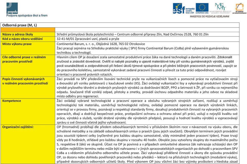 r. o., Objízdná 1628, 765 02 Otrokovice Žáci pracují zejména na Středisku praktické výuky ( SPV) firmy Continental Barum (CoBa) plně vybaveném gumárenskou technikou a technologií.