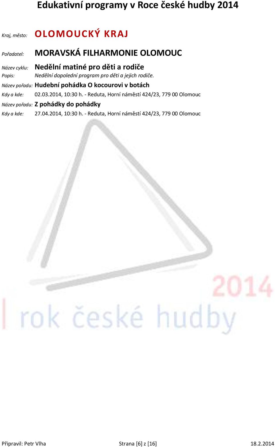 2014, 10:30 h. - Reduta, Horní náměstí 424/23, 779 00 Olomouc Název pořadu: Z pohádky do pohádky 27.