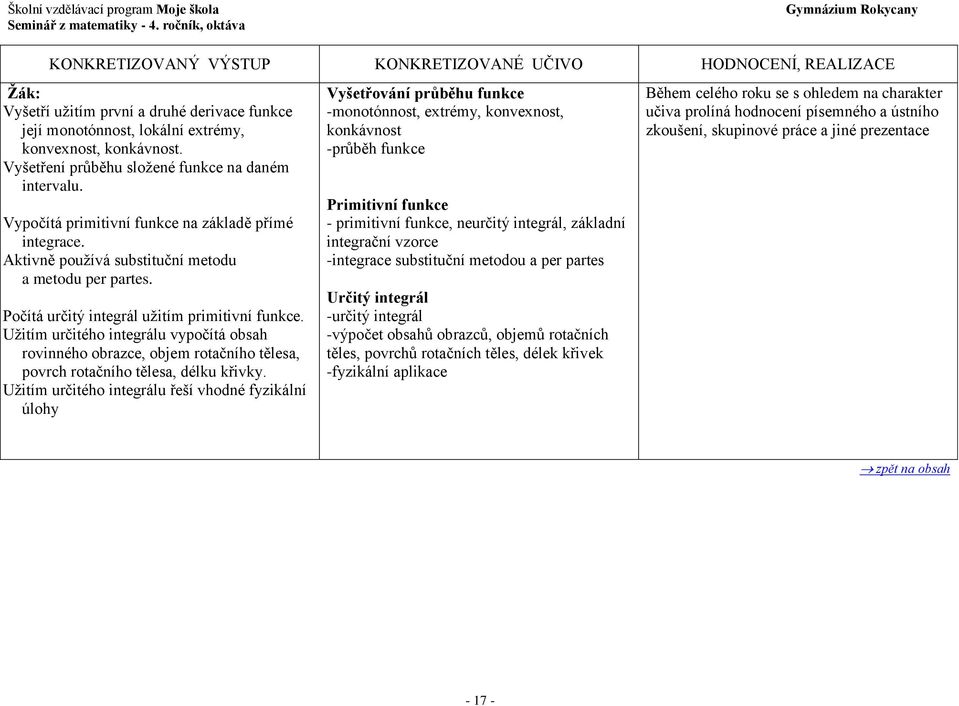 Užitím určitého integrálu vypočítá obsah rovinného obrazce, objem rotačního tělesa, povrch rotačního tělesa, délku křivky.