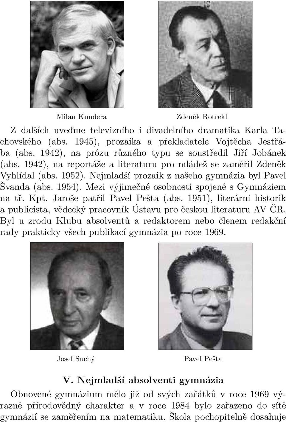 Nejmladší prozaik z našeho gymnázia byl Pavel Švanda (abs. 1954). Mezi výjimečné osobnosti spojené s Gymnáziem na tř. Kpt. Jaroše patřil Pavel Pešta (abs.