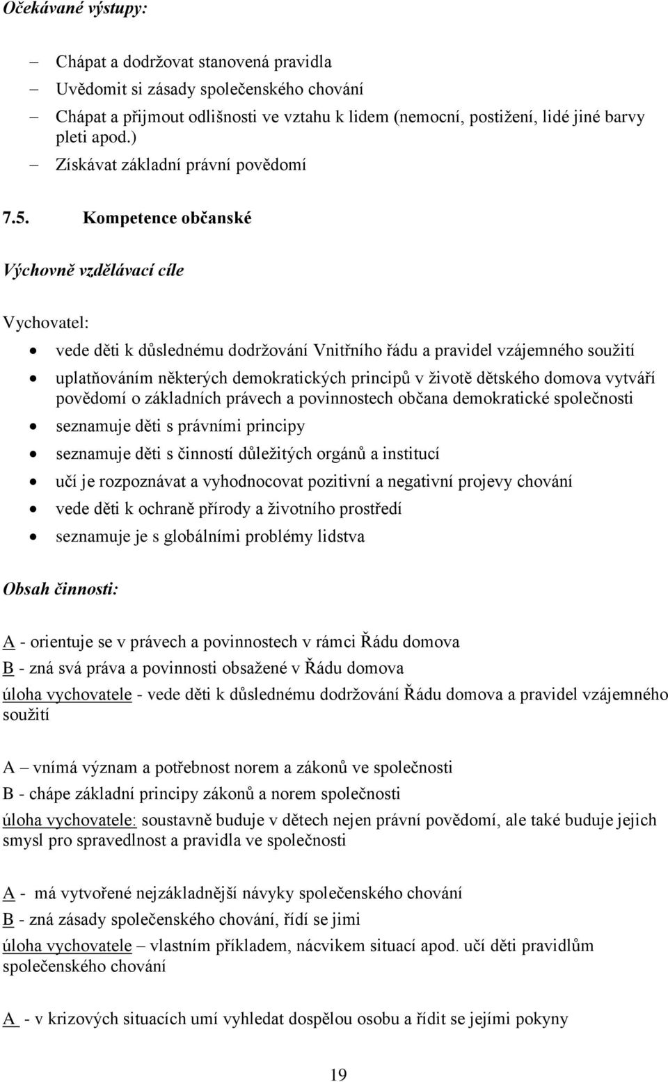 Kompetence občanské Výchovně vzdělávací cíle Vychovatel: vede děti k důslednému dodržování Vnitřního řádu a pravidel vzájemného soužití uplatňováním některých demokratických principů v životě