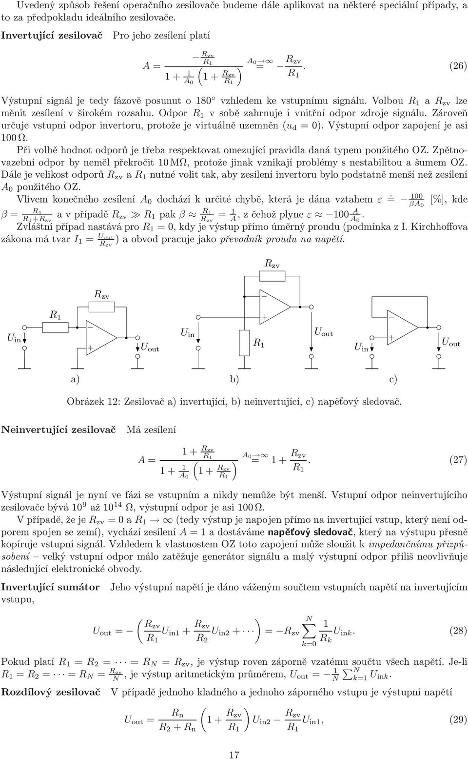 určujevstupníodporinvertoru,protožejevirtuálněuzemněn(u d =0)Výstupníodporzapojeníjeasi 00Ω Při volbě hodnot odporů je třeba respektovat omezující pravidla daná typem použitého OZ Zpětnovazební odpor